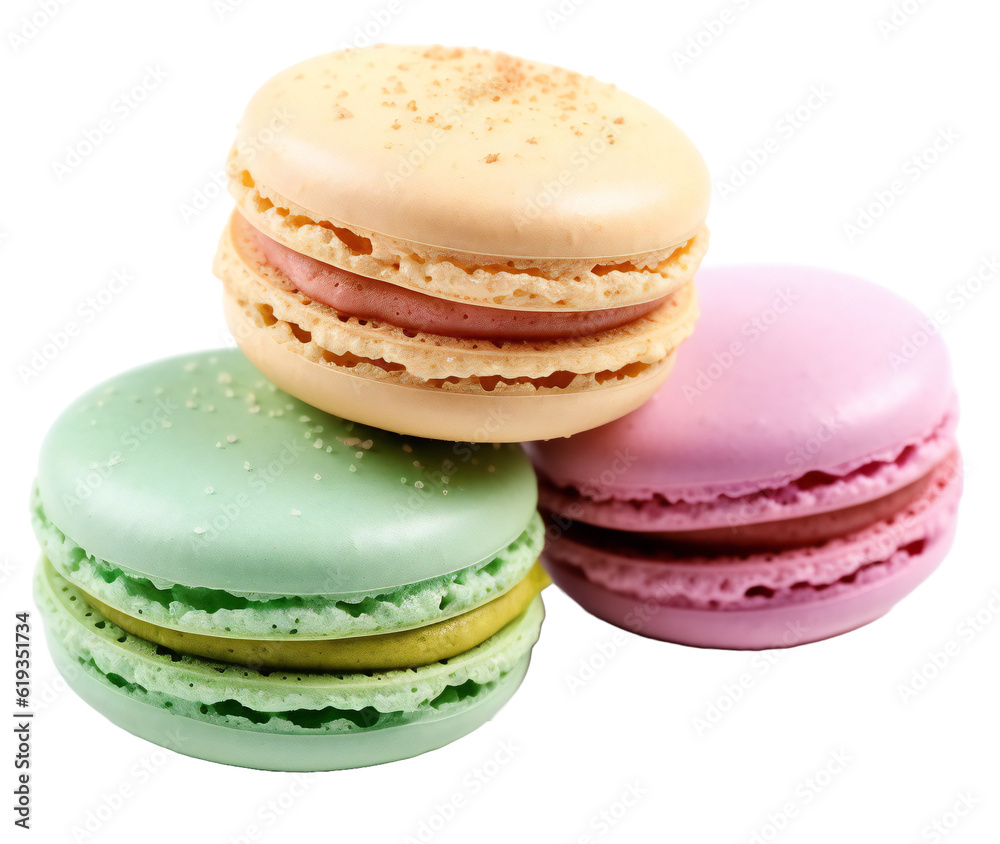 Green, yellow, pink macarons lie on top of each other. Design element for cafe, cooking, kitchen. Isolated on transparent background. KI. Green, yellow, pink macarons lie on top of each other. Design element for cafe, cooking, kitchen. Isolated on transparent background. KI.