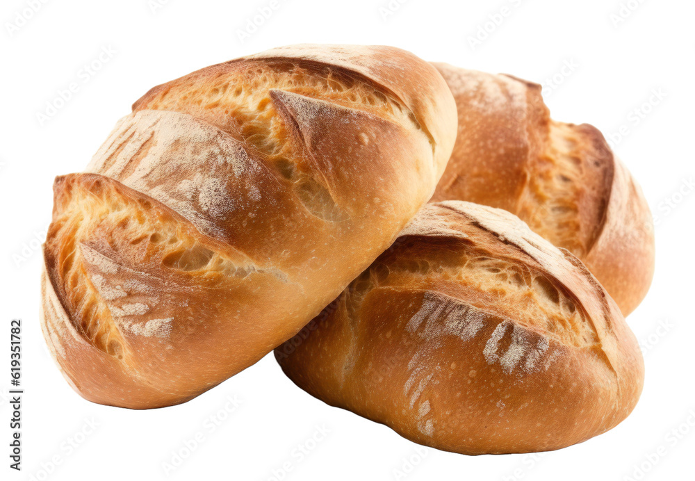 Lots of organic, bio round bread. The bread is on top of each other. Isolated on transparent background. KI. - obrazy, fototapety, plakaty 