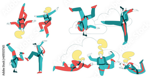 Air Sport with People Character Parachuting and Skydiving Doing Stunts Vector Set