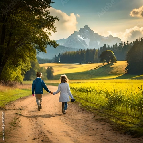 A boy and girl walking in the mountains, Generative AI 