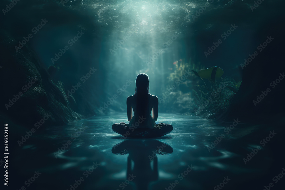 the beautiful woman in meditation, with lotus flower in background, generative AI
