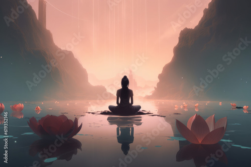 the beautiful woman in meditation, with lotus flower in background, generative AI © Kien
