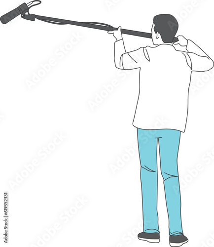 TV crew in charge of audio holding up a gun mic.