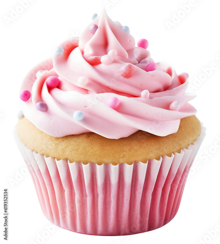 One pastel pink cupcake with colorful sprinkles. Design element for cafe, cooking, kitchen. Isolated on transparent background. KI.