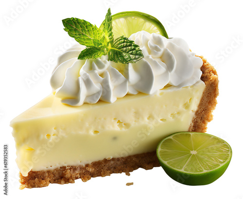 One slice of lime cream pie garnished with lime and mint. Design element for cafe, cooking, kitchen. Isolated on transparent background. KI. photo