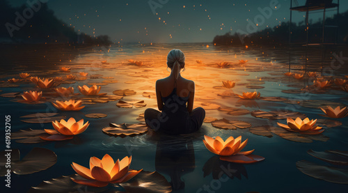 the beautiful woman in meditation, with lotus flower in background, generative AI © Kien