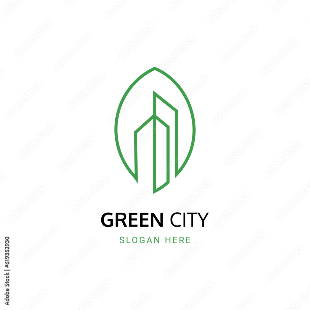 GREEN CITY LOGO CONCEPT IN LINEART, LEAF AND BUILDINGS LOGO VECTOR ILLLUSTRATION GREEN CITY LOGO CONCEPT IN LINEART, LEAF AND BUILDINGS LOGO VECTOR ILLLUSTRATION