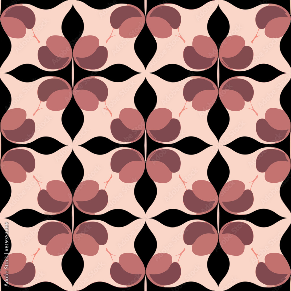 Striking composition of black and pink circles forming a captivating repeating fabric pattern, reminiscent of fractal muqarnas, on a vibrant background. Striking composition of black and pink circles forming a captivating repeating fabric pattern, reminiscent of fractal muqarnas, on a vibrant background.