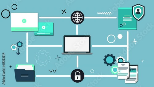 Internet, communication and social media concepts on a network with laptop connecting 2d animation motion graphic design HD.Concepts Cloud storage.Analysis infrastructure for server room with devices 