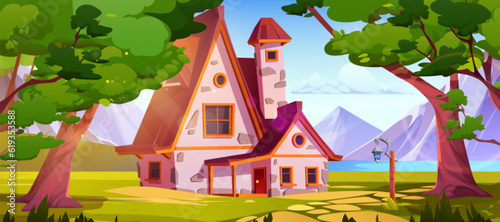 House in forest near mountain river vector background. Summer season country hill with beautiful cottage building exterior. Alps village nature on sunny day panoramic fairy tale game illustration.