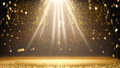 golden confetti rain on festive stage with light beam in the middle, empty room at night mockup with copy space for award ceremony, jubilee, New Year's party or product presentations