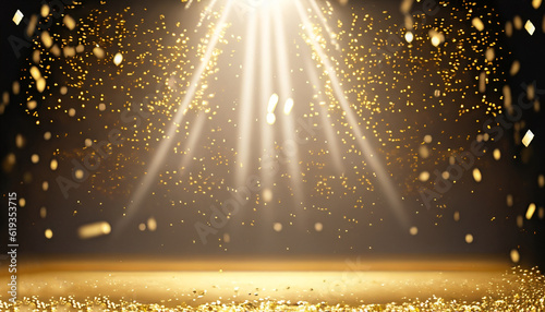golden confetti rain on festive stage with light beam in the middle, empty room at night mockup with copy space for award ceremony, jubilee, New Year's party or product presentations