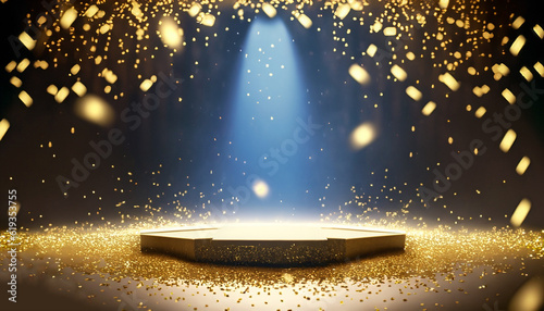 golden confetti rain on festive stage with light beam in the middle, empty room at night mockup with copy space for award ceremony, jubilee, New Year\'s party or product presentations