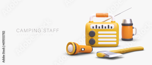 Equipment for camping. 3D radio receiver, flashlight, thermos, ax in orange and yellow color. Online store of modern tourist property. Horizontal poster on light background