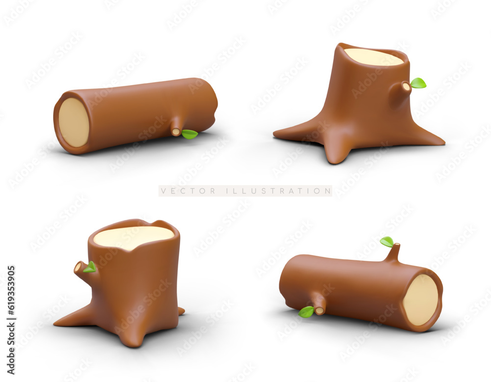 Set of 3D stumps and logs in plasticine style. Tree trunks with brown bark and knots. Logging, wood processing. Preparation for camping. Isolated vector drawings on white background - obrazy, fototapety, plakaty 