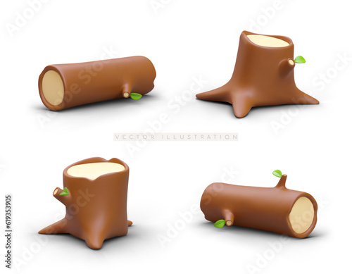 Set of 3D stumps and logs in plasticine style. Tree trunks with brown bark and knots. Logging, wood processing. Preparation for camping. Isolated vector drawings on white background
