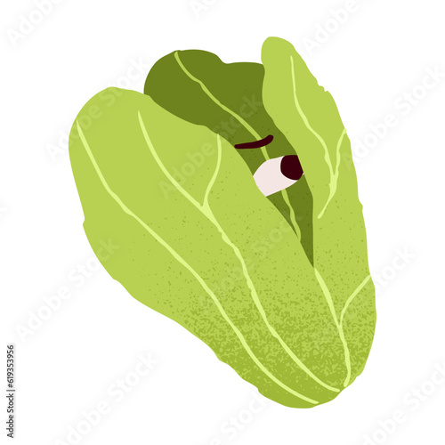 Cute funny lettuce, afraid vegetable character with fear, panic emotion, frightened face expression. Anxious worried leaf salad food. Comic flat vector illustration isolated on white background