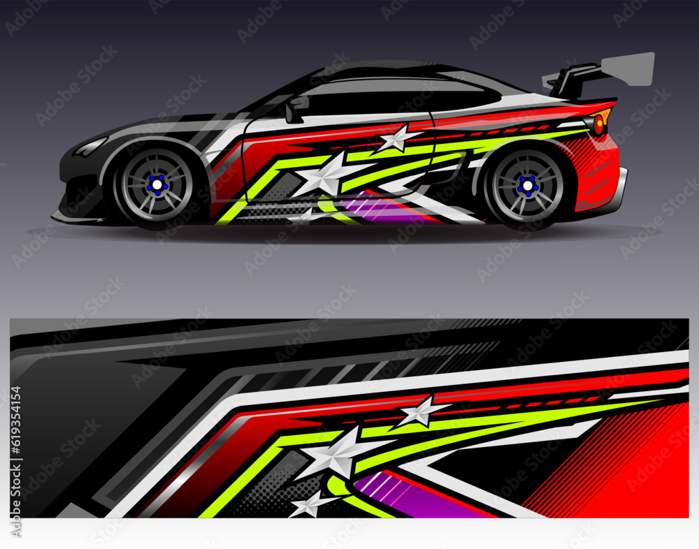Car wrap design vector. Graphic abstract stripe racing background kit designs for wrap vehicle race car rally adventure and livery Car wrap design vector. Graphic abstract stripe racing background kit designs for wrap vehicle race car rally adventure and livery