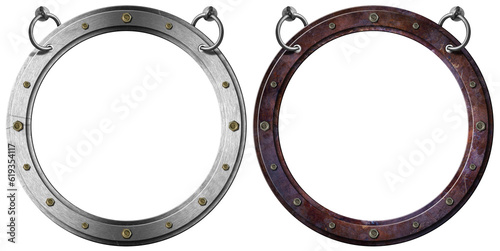 Two empty metal portholes with bolts hanging from a steel ring, isolated on white or transparent background and copy space, template. 3d illustration. Png.