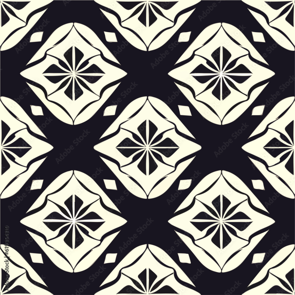 Intriguing black and white abstract design inspired by art deco, presenting a captivating and repetitive fabric pattern with elements resembling the aizome style.