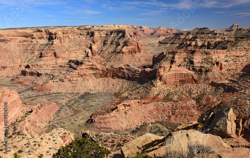 the colorful and steep  little grand canyon above the san rafael river  on a sunny winter day  from the wedge overlook in the northern san rafael swell near green river,  utah 