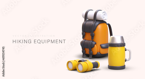Equipment for hiking tourism. Realistic backpack, binoculars, thermos. Time to get ready for travel. Things for arranging comfort on hike. Vector poster for shops