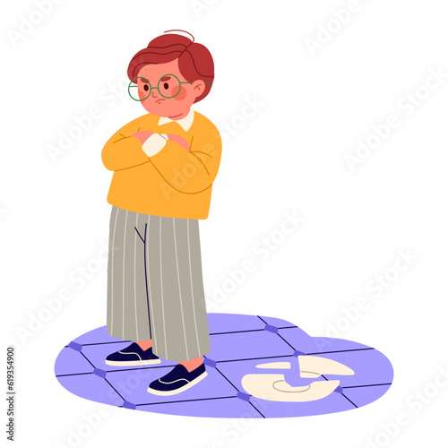 Naughty angry child with broken plate, cracked dish on floor. Mischievous disobedient kid, evil discontent boy misbehaving. Bad behavior concept. Flat vector illustration isolated on white background