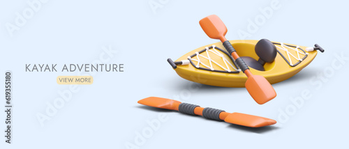 Advertising poster for kayaking. Concept with 3D illustration. Modern kayak, two paddles in cartoon style. Detailed image with shadows. Template with link button and text