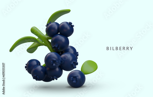 Bunch of juicy bilberries. Vegan sweets. Summer berries. Natural snack. Vector poster in cartoon style. Ripe huckleberry. 3D illustration on colored background