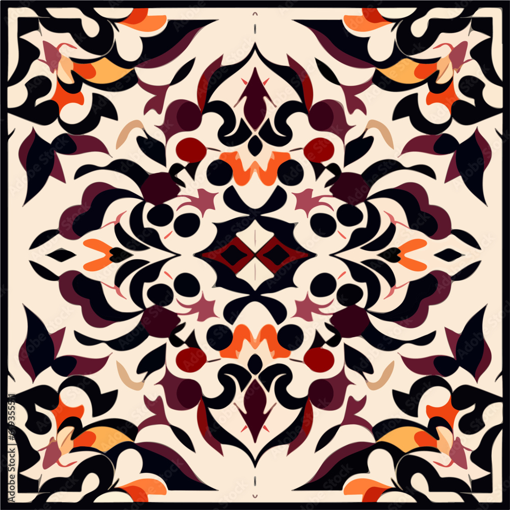 Intricate Art Deco pattern adorns a black and white tile, highlighted by an orange and red color scheme, evoking Persian design influences. Intricate Art Deco pattern adorns a black and white tile, highlighted by an orange and red color scheme, evoking Persian design influences.