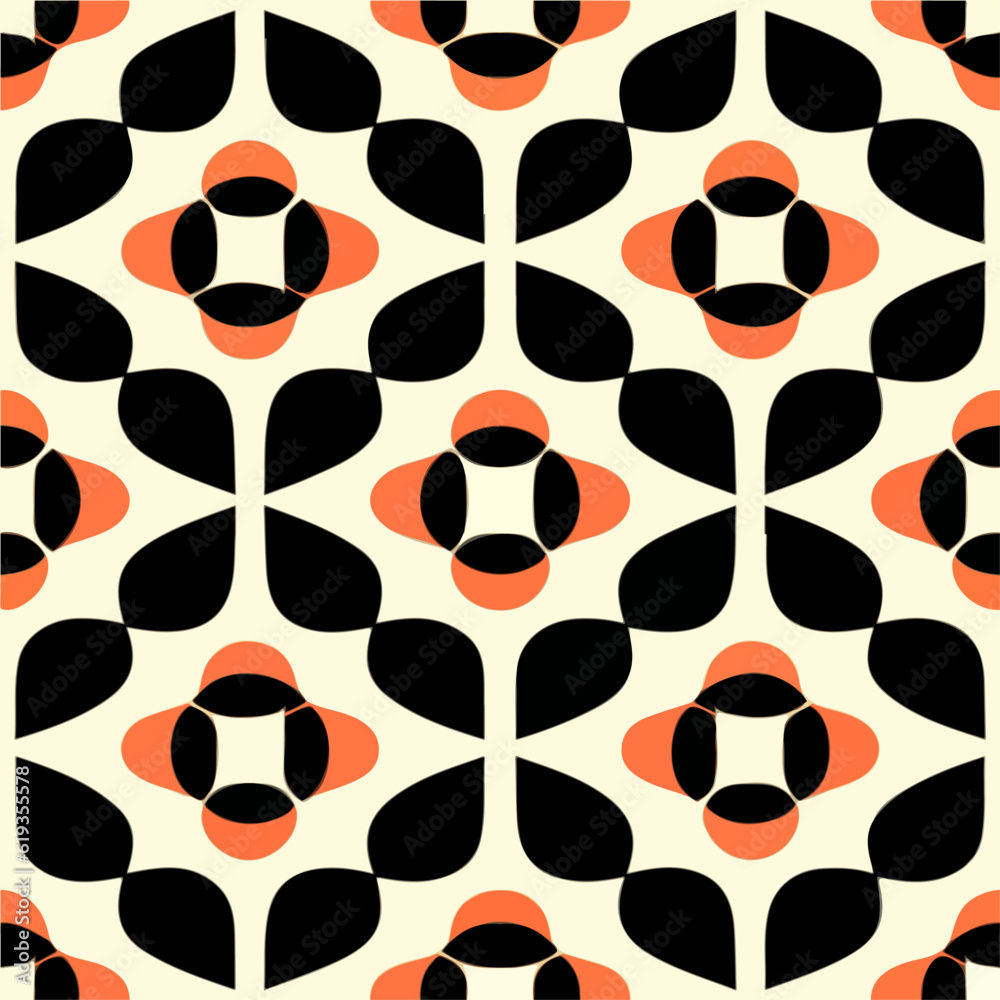 Fototapeta premium Striking orange and black art deco pattern on a white background forms a seamless design suitable for fabrics, evoking a sense of sophistication.