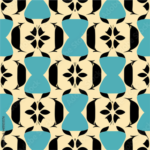 Captivating composition of a black and blue pattern against a crisp white background, displaying an art deco inspired design that seamlessly repeats, making it an ideal choice for fabric.