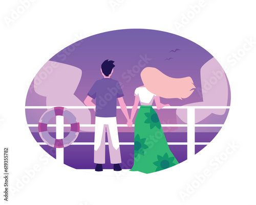 Nice couple enjoy summer seaside landscape on the deck of luxury cruise liner, yacht, Cruise vacation flat vector concept
