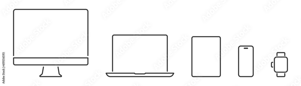Set of linear device icon. Computer laptop tablet smartphone watch template. Device screen mockup. Vector illustration Set of linear device icon. Computer laptop tablet smartphone watch template. Device screen mockup. Vector illustration