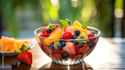Capture the intricate details of a colorful fruit salad in a clear glass bowl