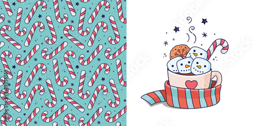 Hand drawn Christmas drink with marshmallow snowman, candy cane in doodle style for designing baby clothes. Postcard with Cup of cocoa wrapped in scarf and seamless pattern. Vector illustration.