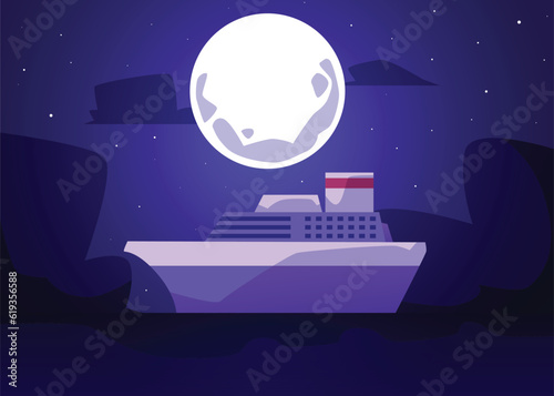 Huge luxury cruise liner, ship or yacht in the ocean against of the full moon at night, Cruise vacation vector illustration concept