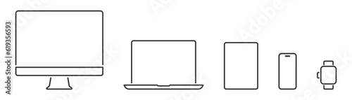 Set of linear device icon. Computer laptop tablet smartphone watch template. Device screen mockup. Vector illustration 