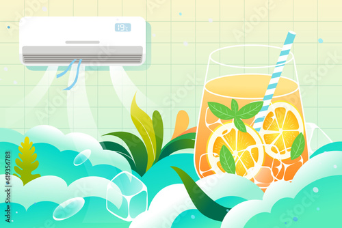 In hot summer, blow air conditioner indoors, avoid heat in dog days, and prevent heat stroke illustration