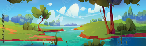 Summer landscape with river flowing in valley. Vector cartoon illustration of beautiful natural scenery, blue water in lake, green grass, trees and bushes on banks, clear sky with fluffy clouds