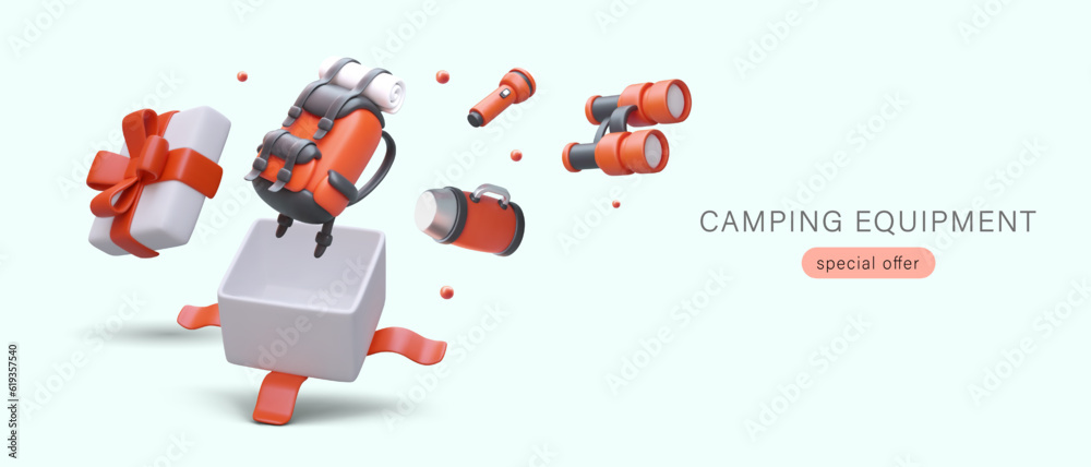 Camping equipment. Opened gift box tied with ribbon with bow. 3D red backpack, thermos, flashlight, binoculars. Bonuses for regular customers. Prize draw among buyers. Store promotion Camping equipment. Opened gift box tied with ribbon with bow. 3D red backpack, thermos, flashlight, binoculars. Bonuses for regular customers. Prize draw among buyers. Store promotion