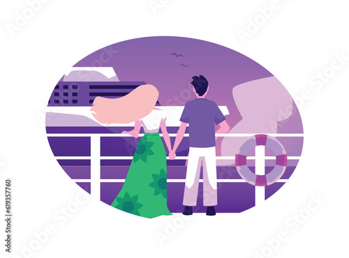 Couple looking at cruise ship from pier or deck, flat vector illustration isolated on white background.