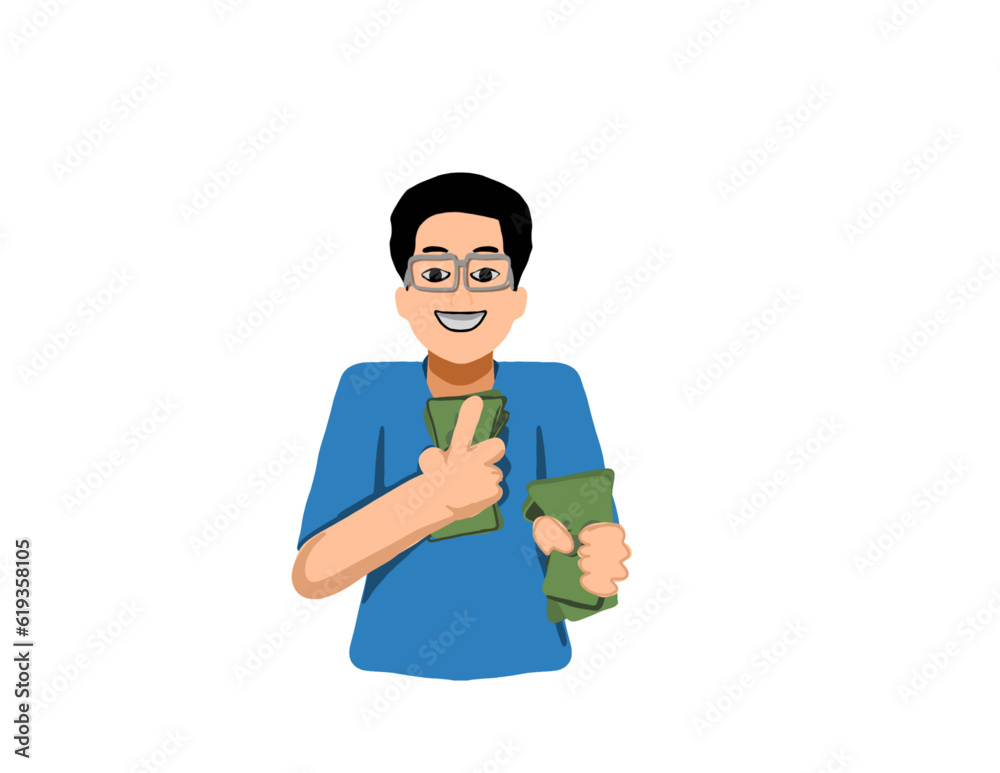 a bespectacled man in a blue shirt who carries a lot of money in his left and right hands, a bespectacled man in a blue shirt who carries a lot of money in his left and right hands,