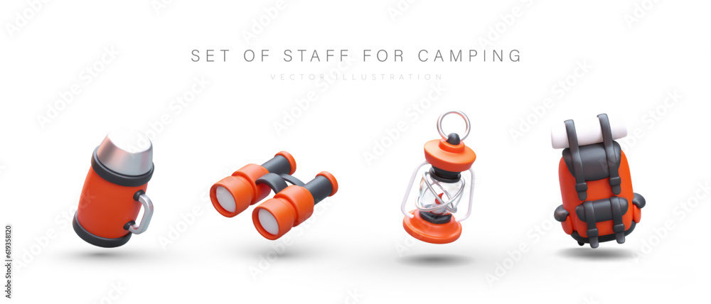 Set of stuff for camping. 3D thermos with handle, binoculars, kerosene lamp, backpack with rolled mat. Personal touristic equipment. Vector elements on white background