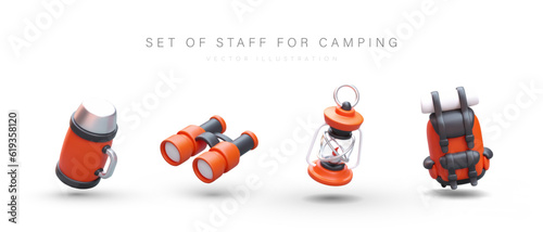 Set of stuff for camping. 3D thermos with handle, binoculars, kerosene lamp, backpack with rolled mat. Personal touristic equipment. Vector elements on white background