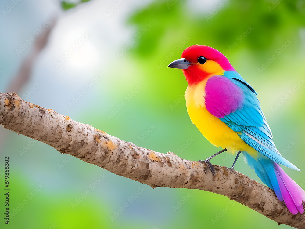 Colorful bird sitting on the tree branch with blurred background
