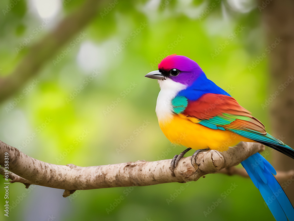 Colorful bird sitting on the tree branch with blurred background