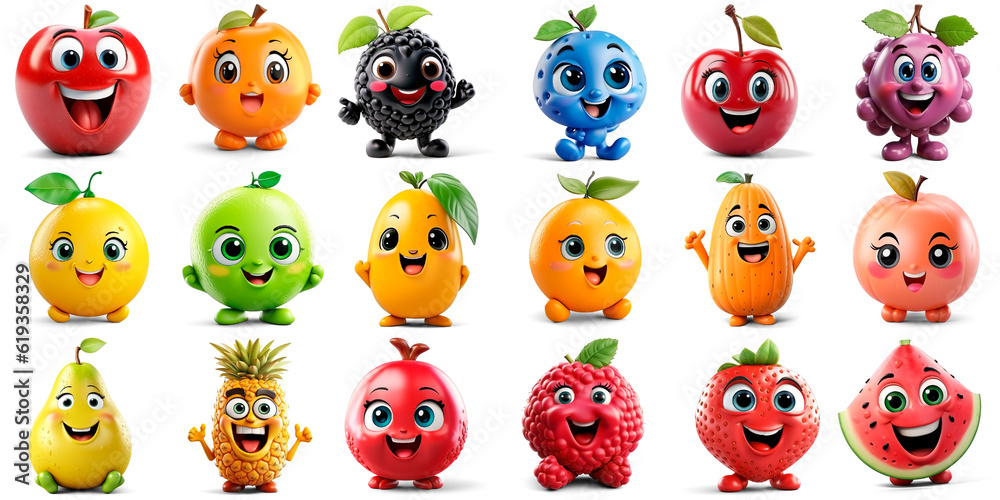 Set of 3D happy fruits and berries: apple, apricot, blackberry, blueberry, cherry, grape, lemon, lime, mango, orange, papaya, peach, pear, pineapple, pomegranate, raspberry, strawberry, watermelon Set of 3D happy fruits and berries: apple, apricot, blackberry, blueberry, cherry, grape, lemon, lime, mango, orange, papaya, peach, pear, pineapple, pomegranate, raspberry, strawberry, watermelon