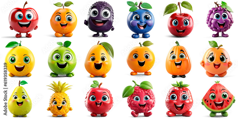 Set of 3D happy fruits and berries: apple, apricot, blackberry, blueberry, cherry, grape, lemon, lime, mango, orange, papaya, peach, pear, pineapple, pomegranate, raspberry, strawberry, watermelon Set of 3D happy fruits and berries: apple, apricot, blackberry, blueberry, cherry, grape, lemon, lime, mango, orange, papaya, peach, pear, pineapple, pomegranate, raspberry, strawberry, watermelon