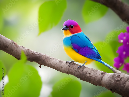 Colorful bird sitting on the tree branch with blurred background © Rashidul
